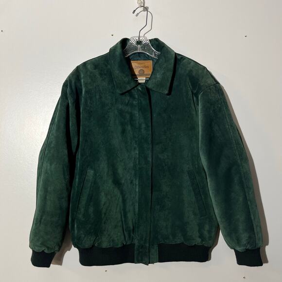 VINTAGE 90s St Johns Bay Green Suede Leather Bomber Jacket Quilted Lining Size L - Picture 1 of 8